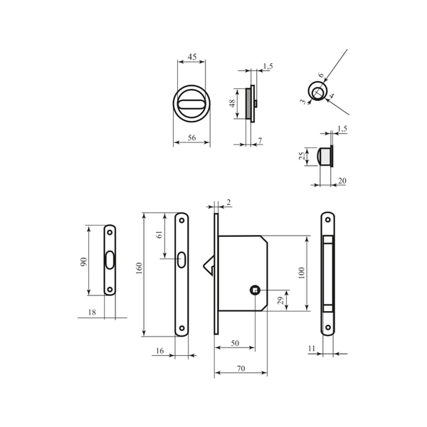 Комплект: Дверная ручка купе для раздвижных дверей RDA SL-155 WC + замок ВР Латунь полированная 11643 фото